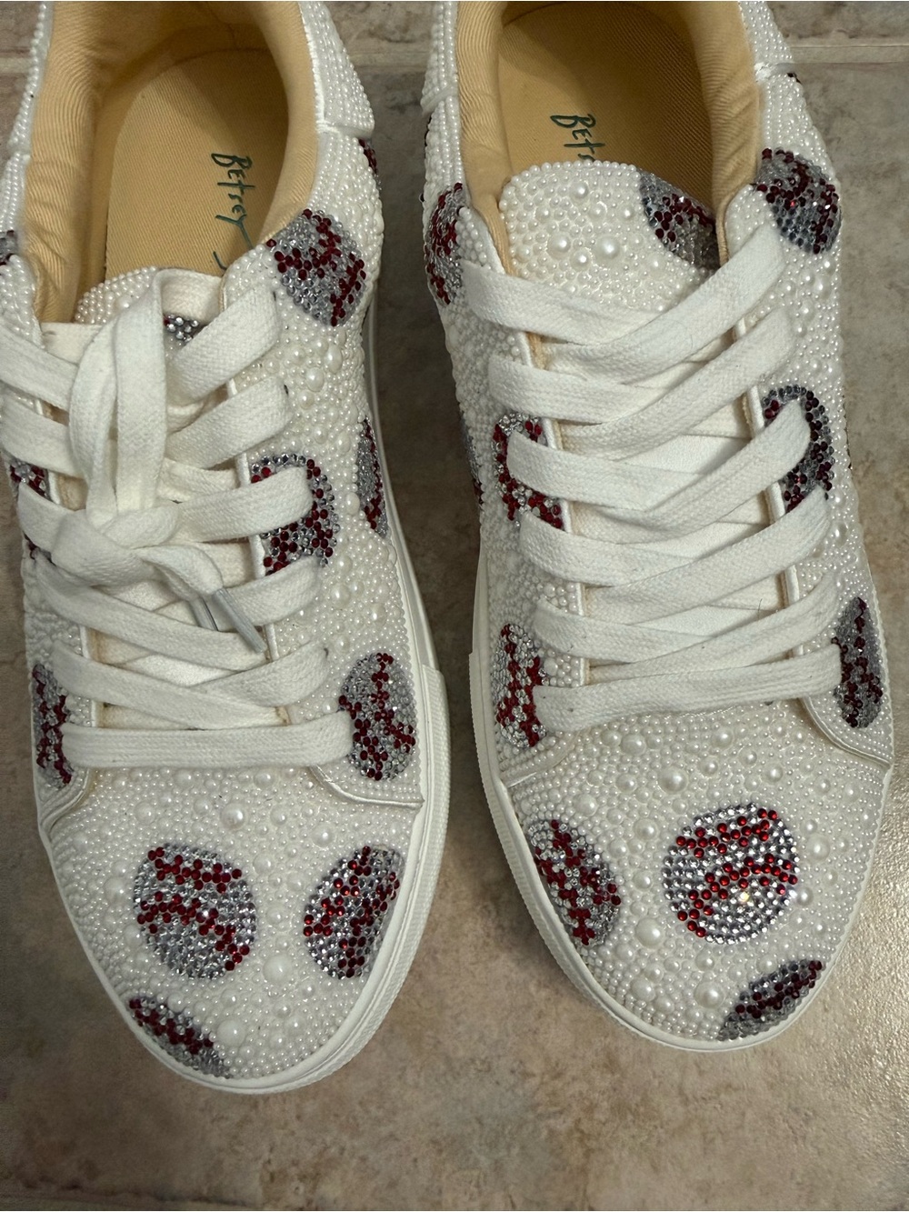 Betsey Johnson White Sneakers with Red and Silver Rhinestone Accents